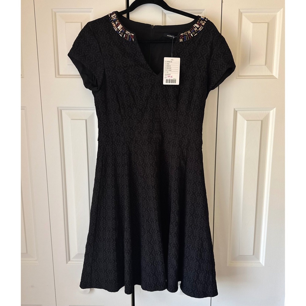 Nanette Lepore Anthropologie Black Beaded Jacquard Fit Flare Dress 10P New